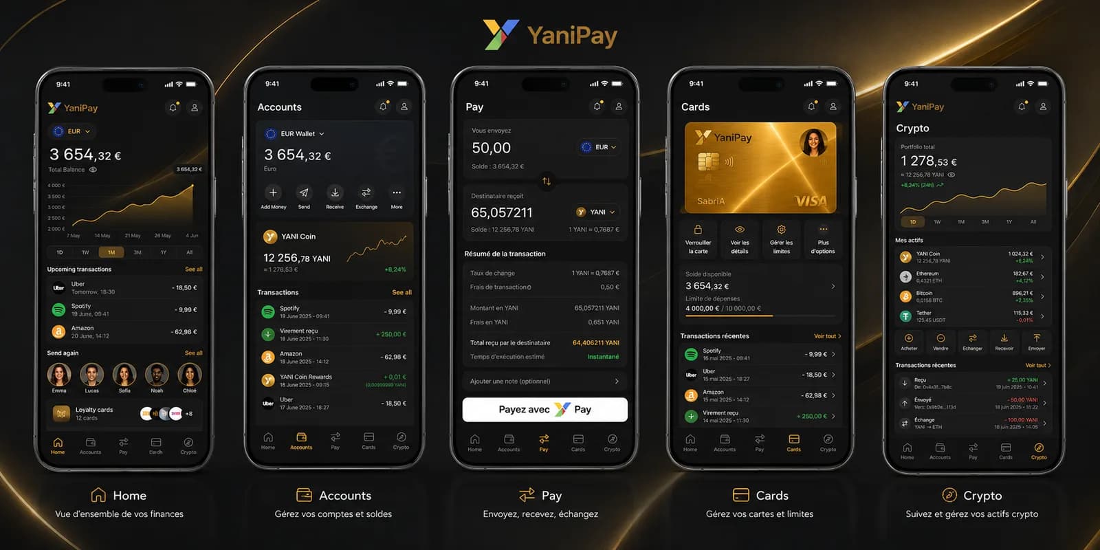 Application YaniPay — écrans Accueil, Comptes, Paiement, Cartes et Crypto