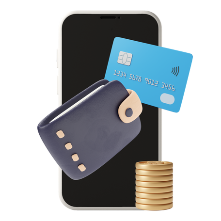 E wallet in a phone with bank card, stack of coins and leather wallet